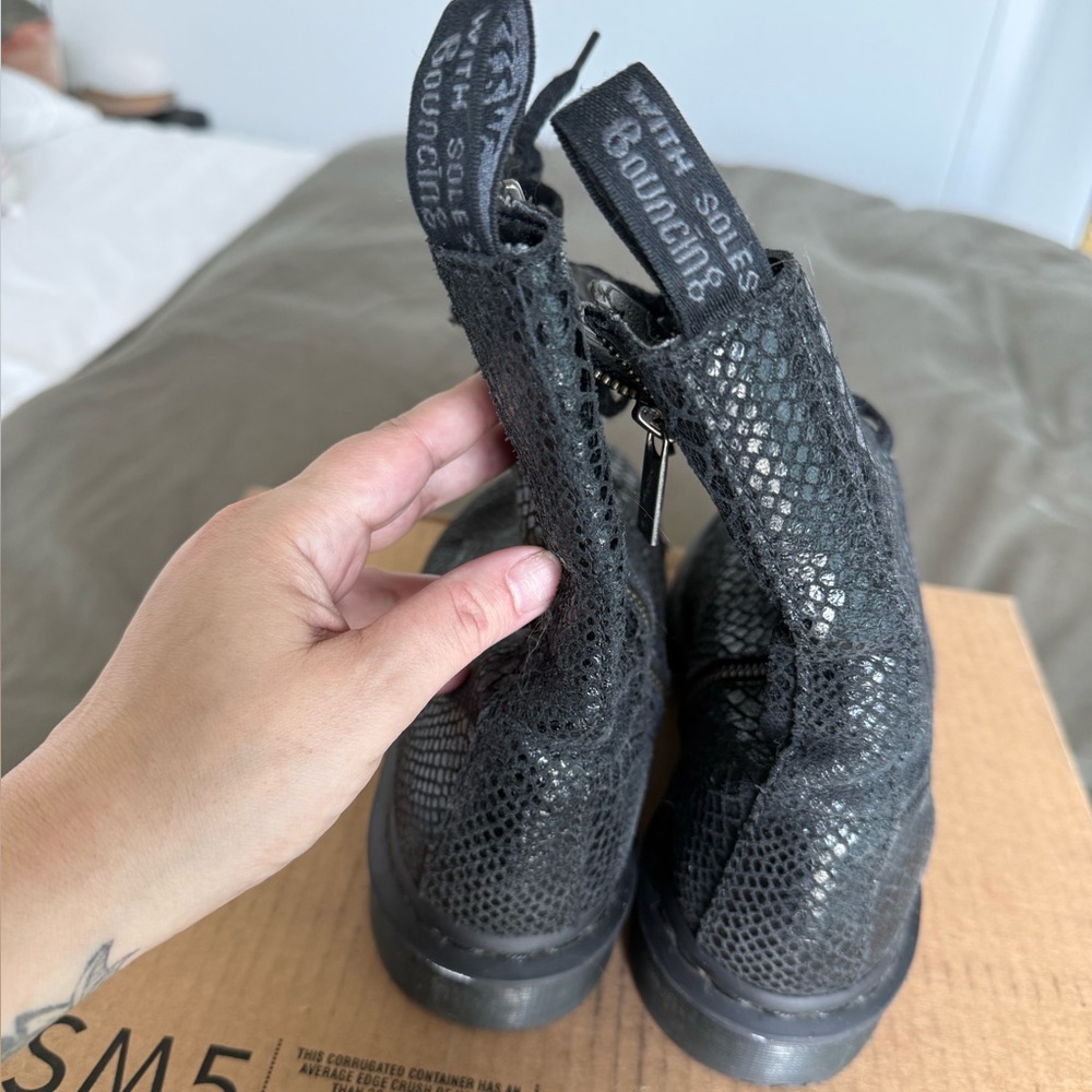 Dr. Martens Black ALIX Lace-Up Combat Ankle Boots w/ Croc Embossed Leather 8 - Picture 3 of 4